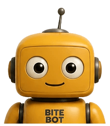 Bite Bot — mustard-yellow friendly robot mascot with BITE BOT on its chest and big expressive eyes