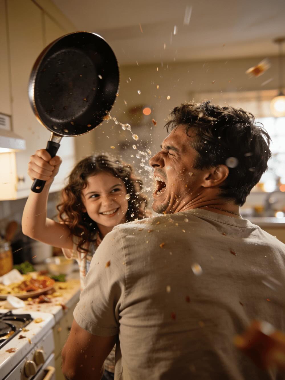 Warm kitchen dinner scene — family around the table, Bite Club energy, soft evening light