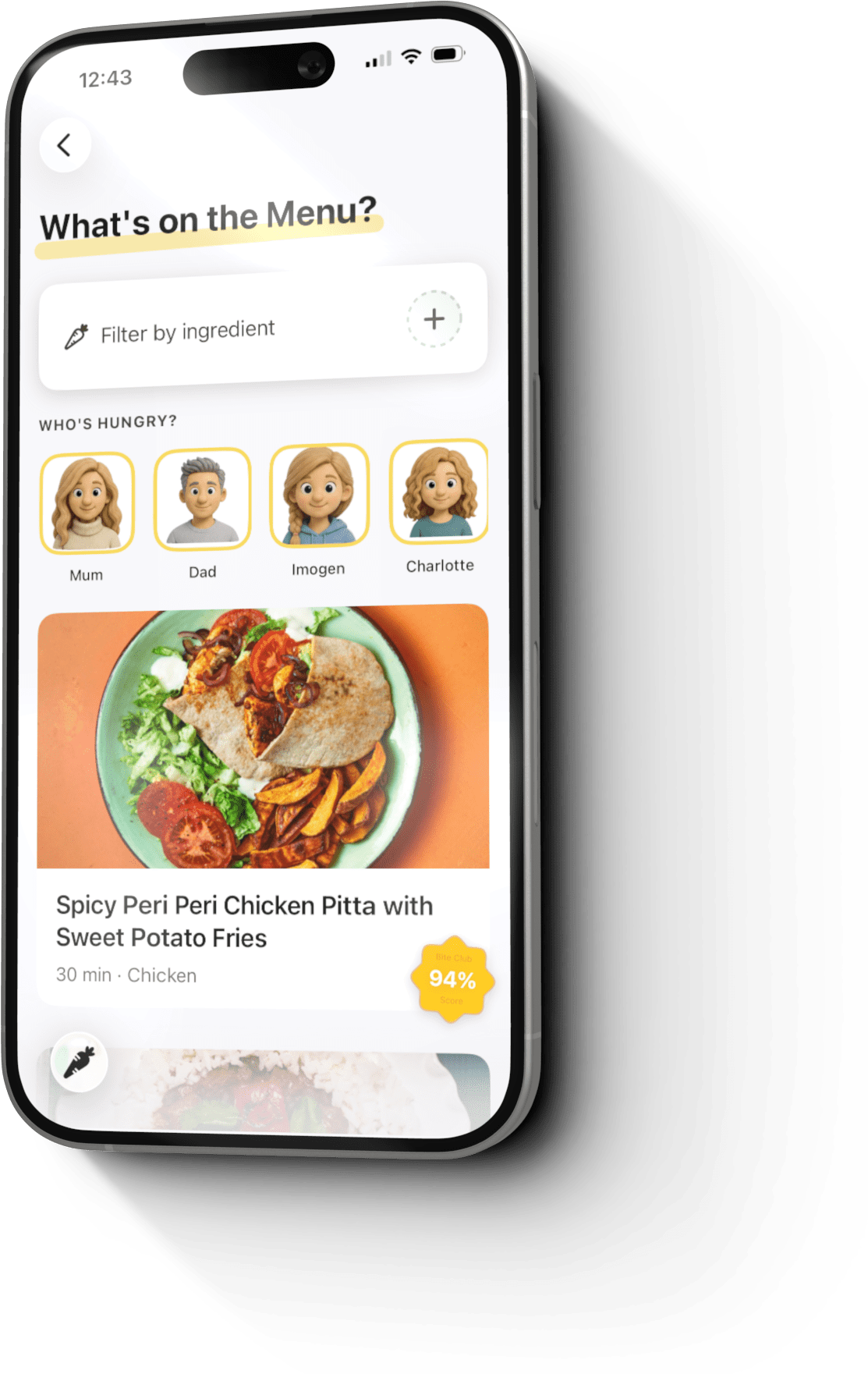 iPhone showing Bite Club meal browser — recipe cards with Club Score seals