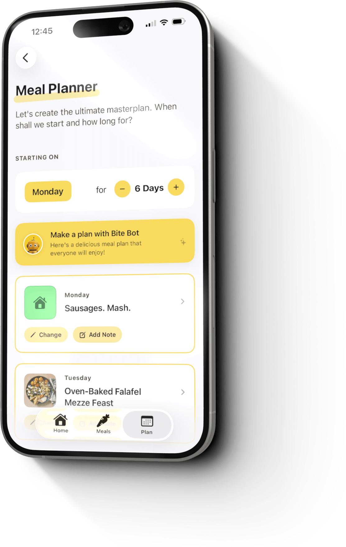 iPhone showing Bite Club Meal Planner — weekly plan with day vibes