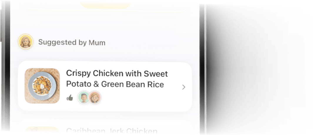 Bite Club Club Suggestions card — Crispy Chicken suggested by Mum, with family avatars