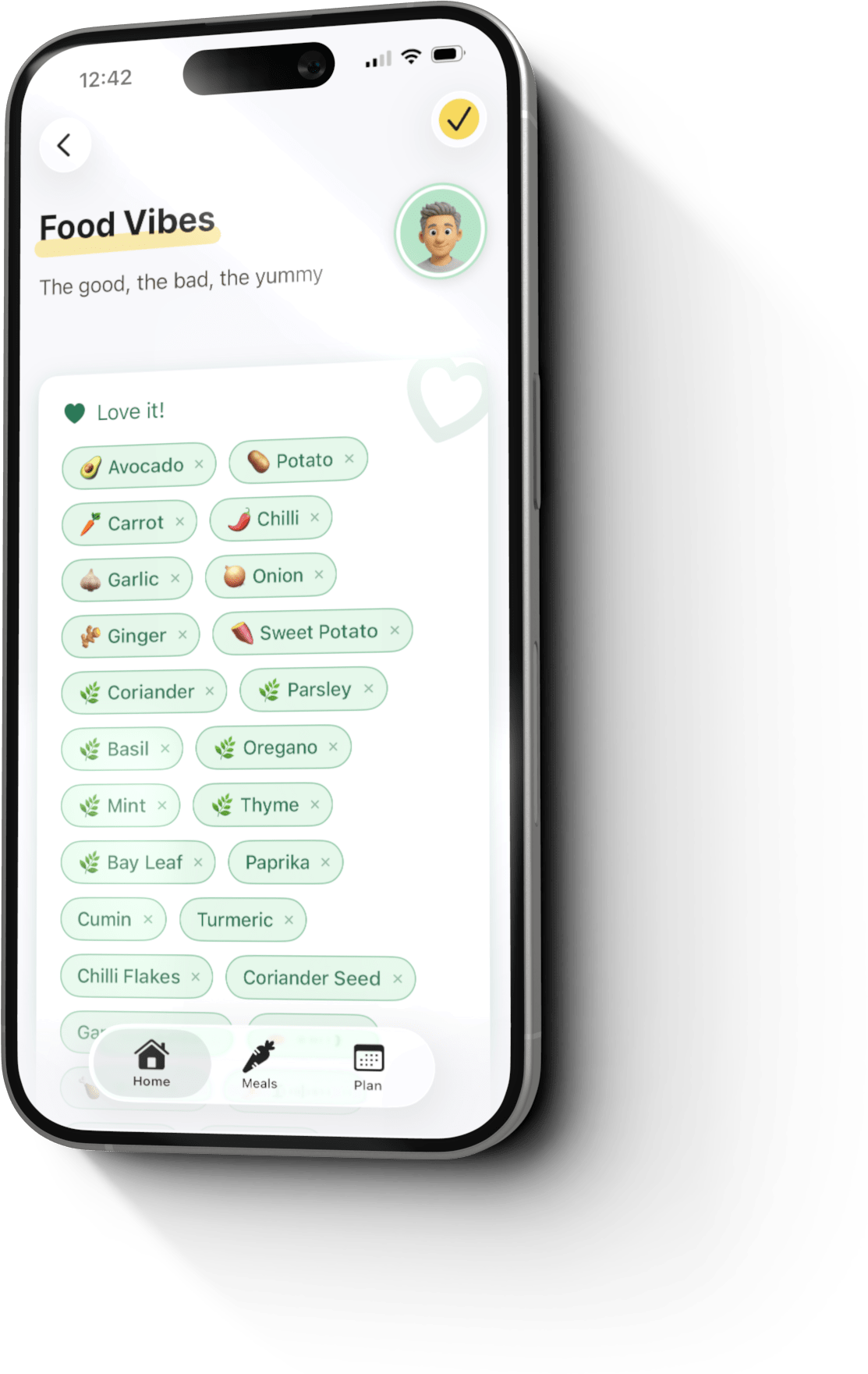 iPhone showing Bite Club Food Vibes — emoji food loves and dislikes